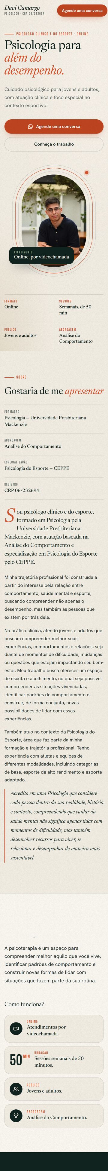 Site do psicólogo Davi Camargo no celular, rolando da capa até o atendimento