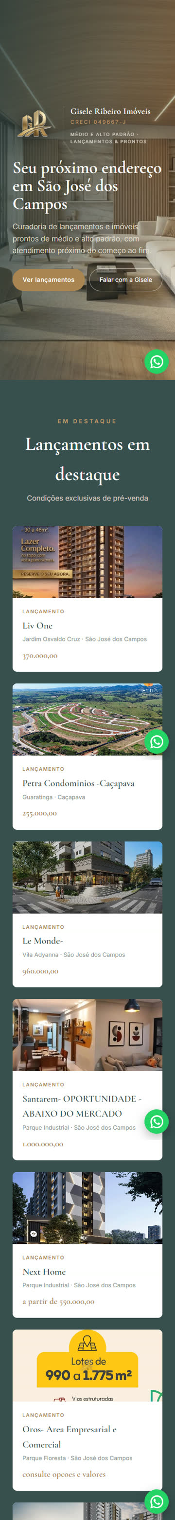 Site da Gisele Ribeiro Imóveis no celular, rolando da capa até os lançamentos
