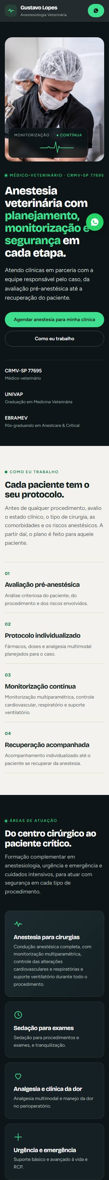 Site do veterinário anestesista Gustavo Lopes no celular, rolando da capa até o protocolo de atendimento