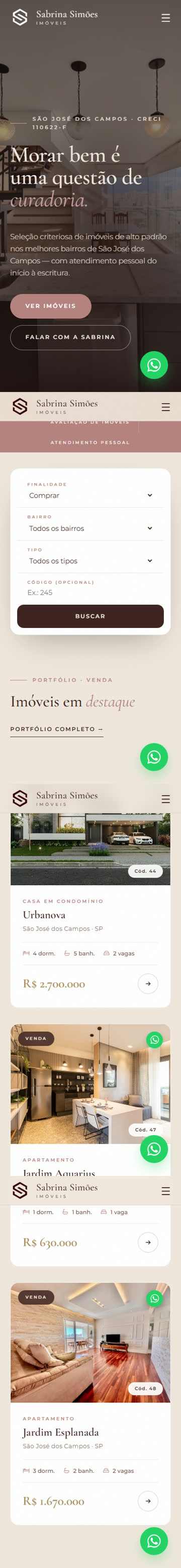 Site da Sabrina Simões Imóveis no celular, rolando da capa até o catálogo de imóveis